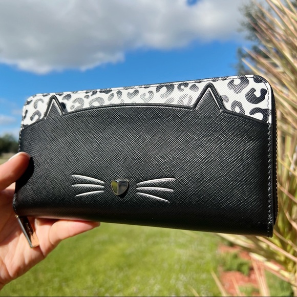 Kate Spade Meow Cat Large Continental Wallet Black Leather Leopard - Picture 2 of 4